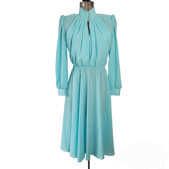 Vintage Dresses & Skirts - Vintage 80's aqua chiffon mock neck midi dress